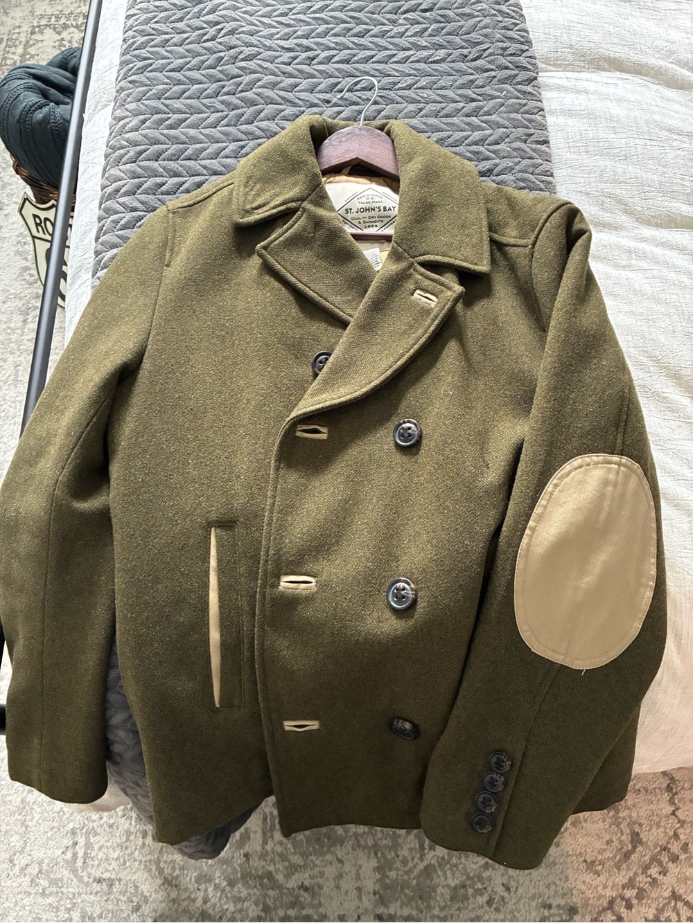 St. John's Bay Olive Wool Blend Peacoat with Elbow Patches